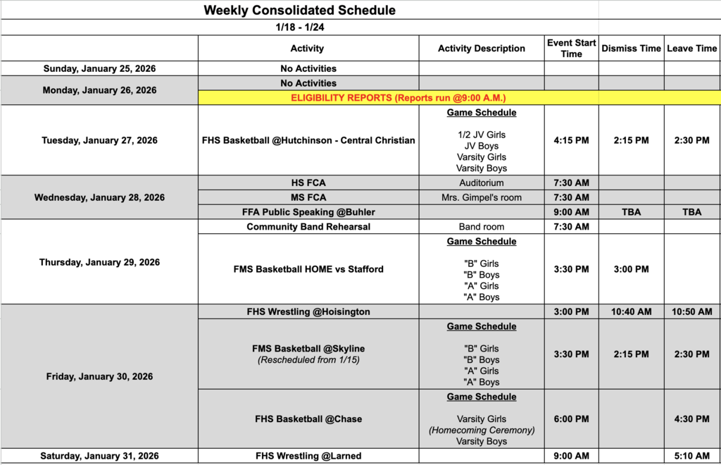 Fairfield Schools Weekly Consolidated Schedule
