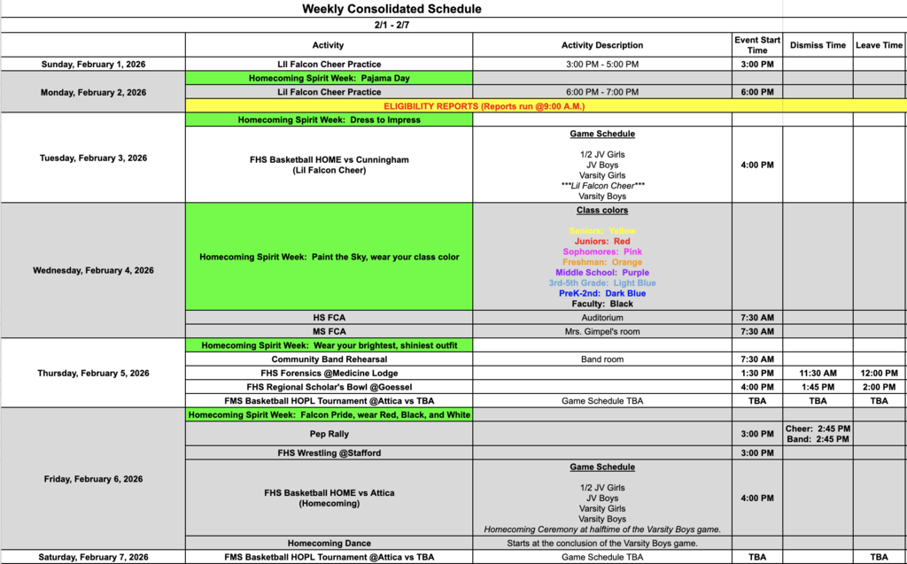 Fairfield Schools Weekly Consolidated Schedule
