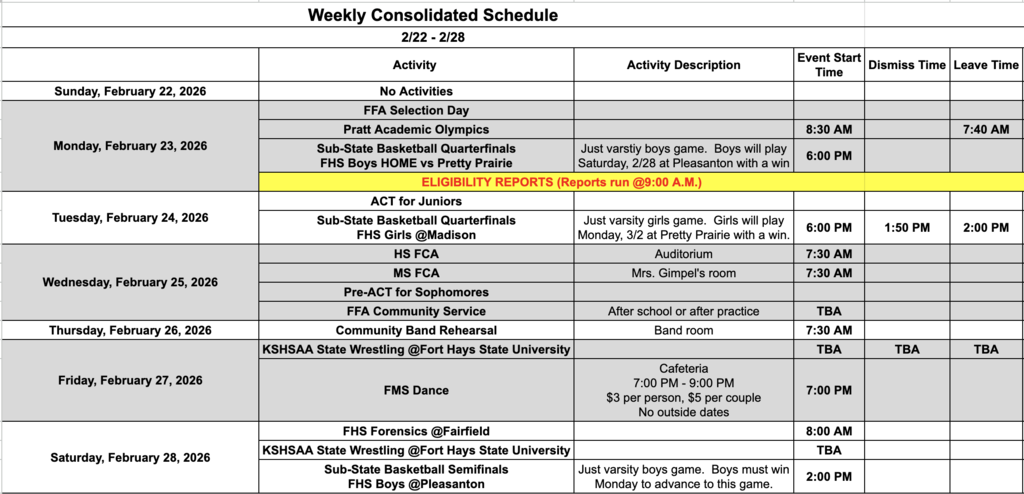 Fairfield Schools Weekly Consolidated Schedule