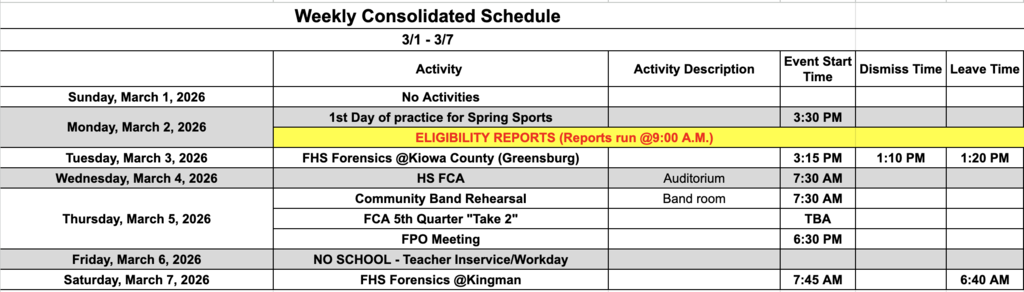 Fairfield Schools Weekly Consolidated Schedule