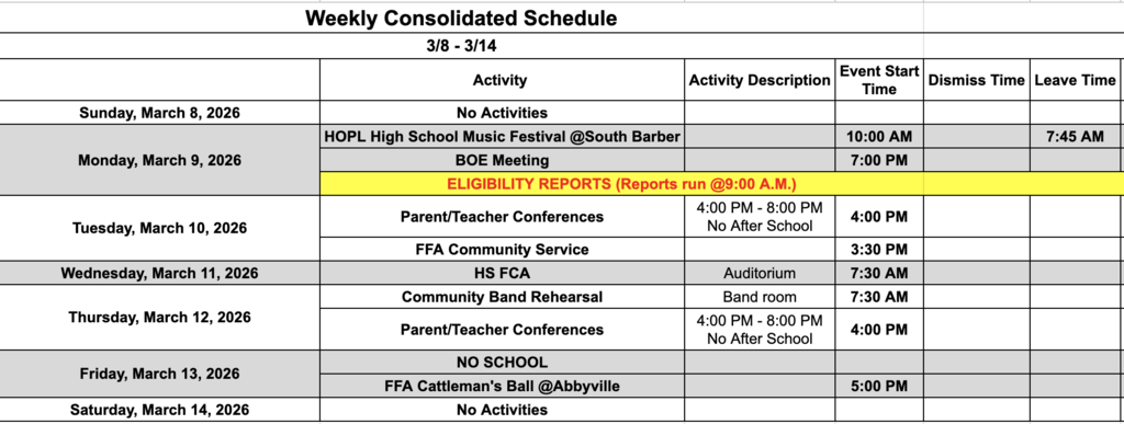 Fairfield Schools Weekly Consolidated Schedule