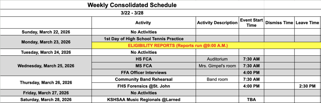 Fairfield Schools Weekly Consolidated Schedule