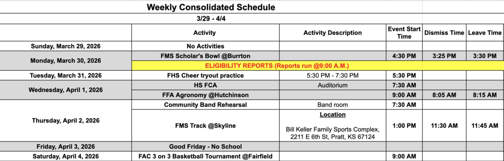 Fairfield Schools Weekly Consolidated Schedule