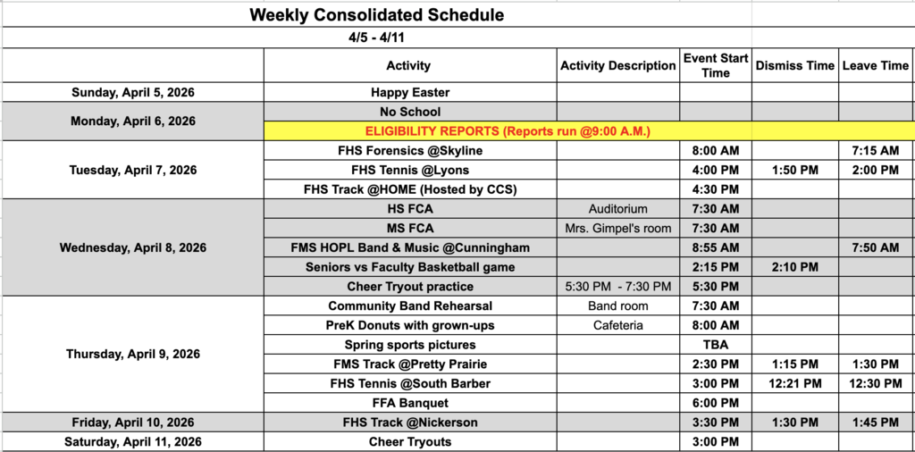 Fairfield Schools Weekly Consolidated Schedule