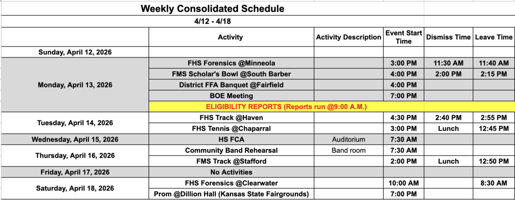 Fairfield Schools Weekly Consolidated Schedule