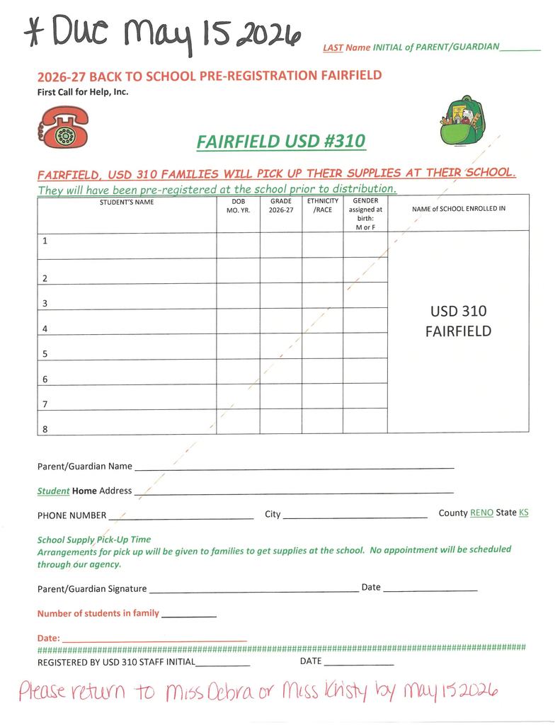 First Call for Help School Supplies