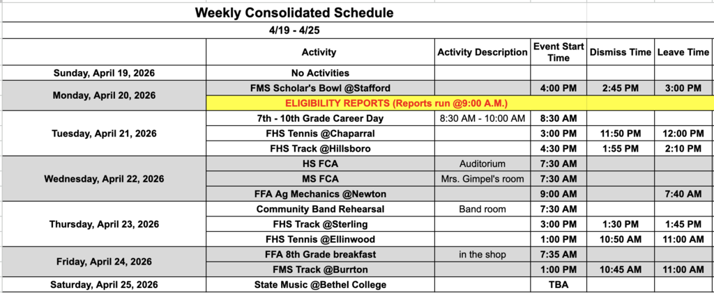 Fairfield Schools Weekly Consolidated Schedule