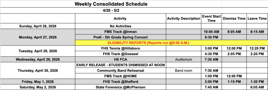 Fairfield Schools Weekly Consolidated Schedule