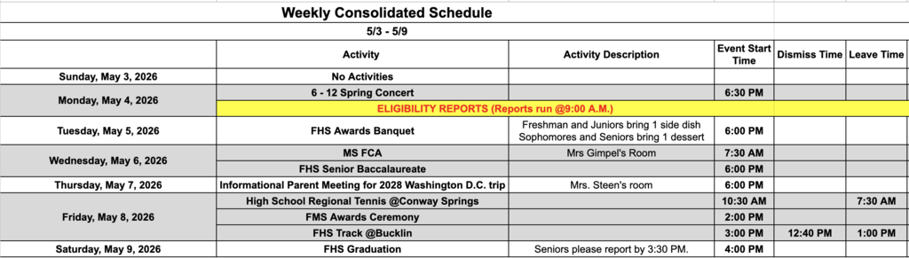 Fairfield Schools Weekly Consolidated Schedule