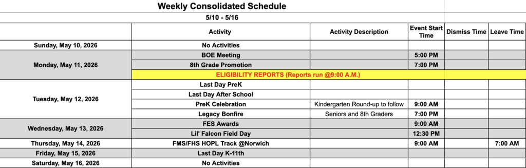 Fairfield Schools Weekly Consolidated Schedule