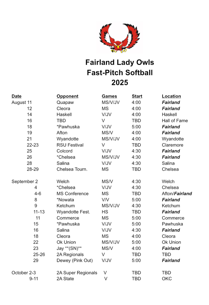 2025 Softball Schedule