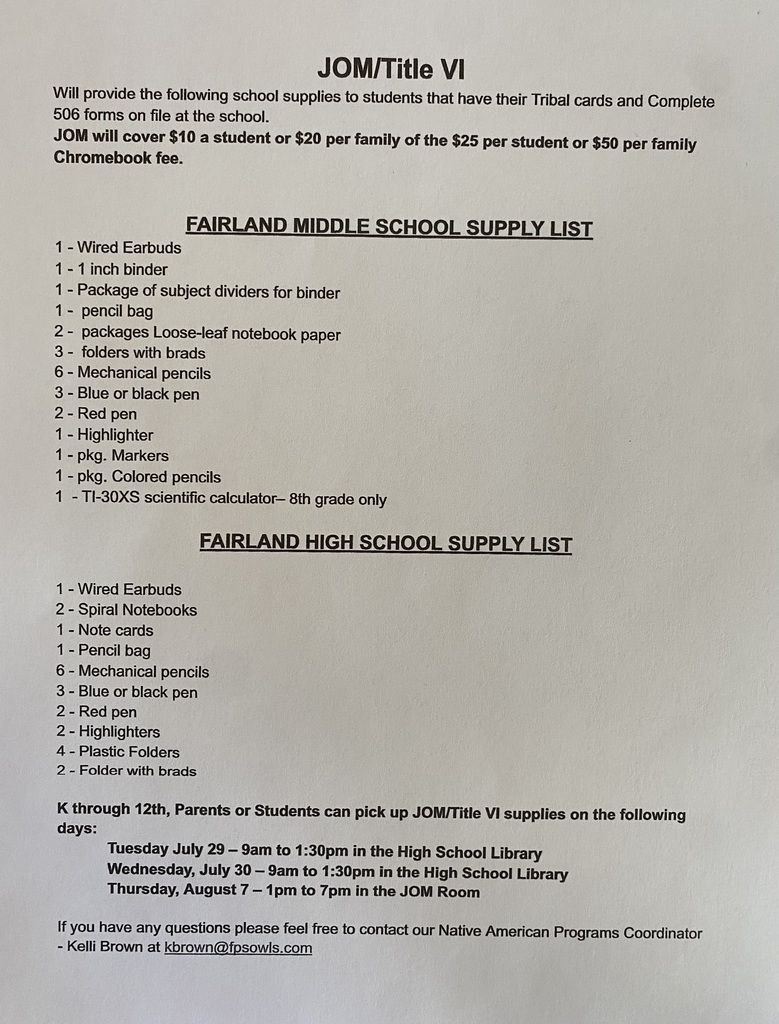 JOM/Title VI School Supply List/Elementary and MS