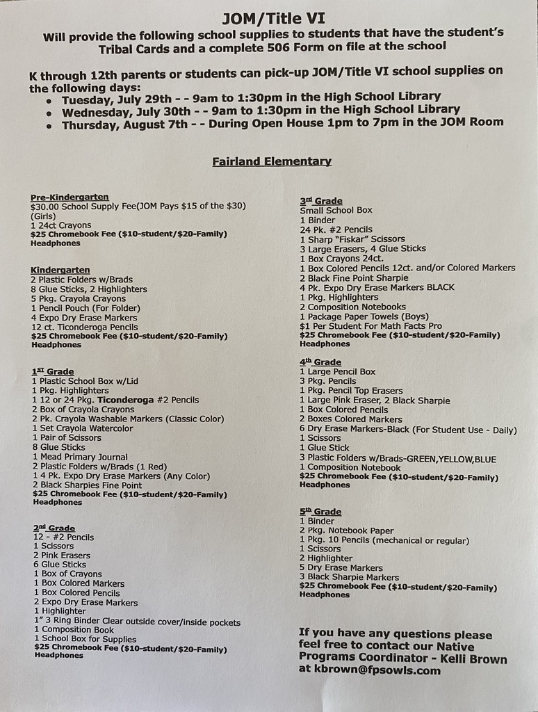 JOM/Title VI School Supply List/Elementary and MS