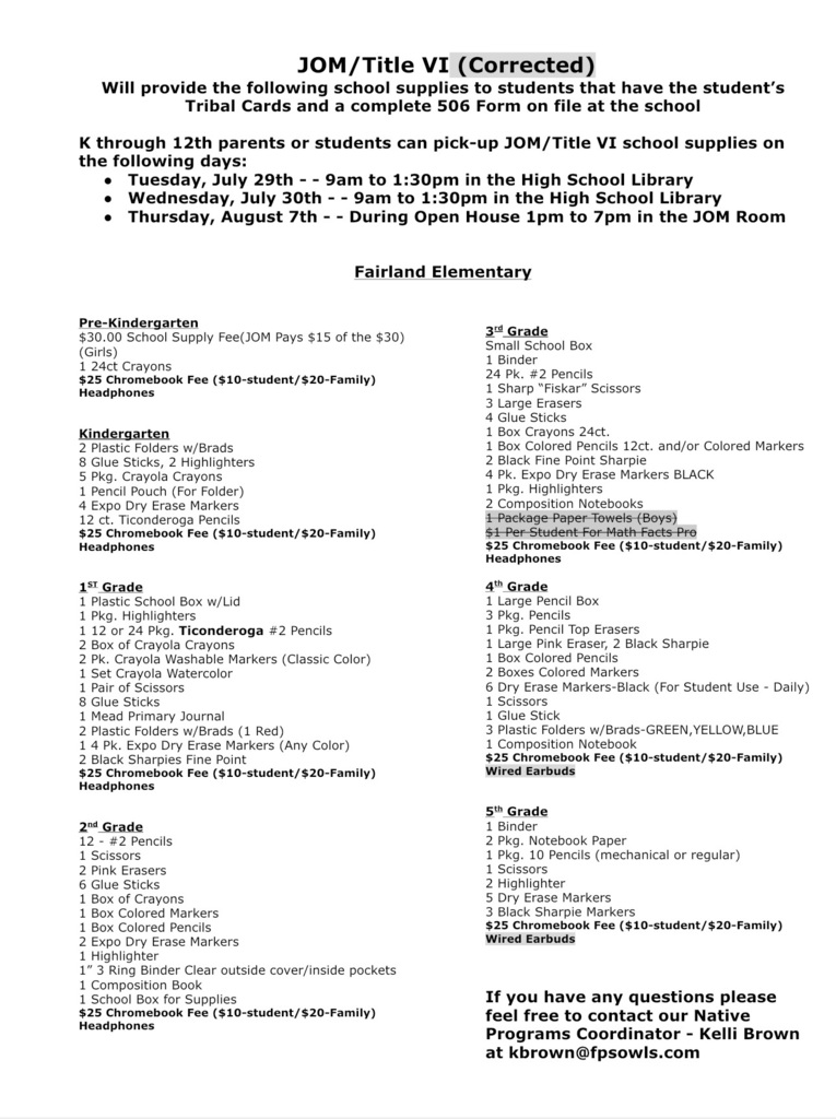 Corrected JOM/Title VI Supply List Elementary