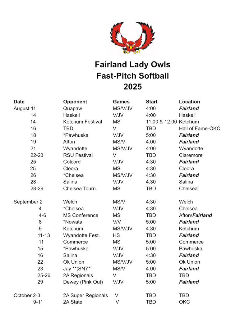 Updated Fast Pitch Schedule 