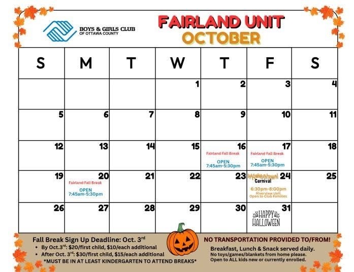 Boys and Girls Club Break Calendar