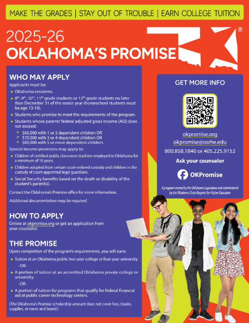 New guidelines and deadlines for the Oklahoma Promise.  Current Seniors can apply until December 31, 2025 of this year!!