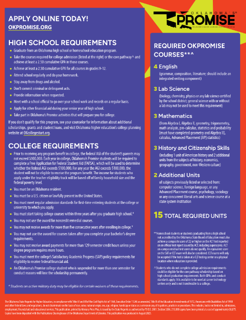 New guidelines and deadlines for the Oklahoma Promise.  Current Seniors can apply until December 31, 2025 of this year!!