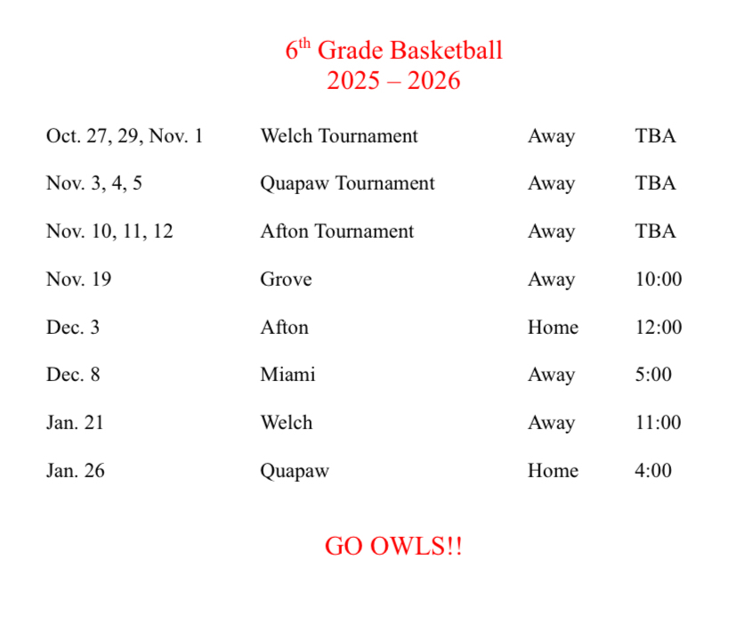 6th Grade Basketball Schedule 2025-2026
