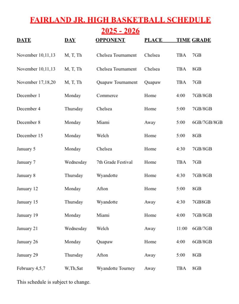 MS Basketball Schedule 2025-2026