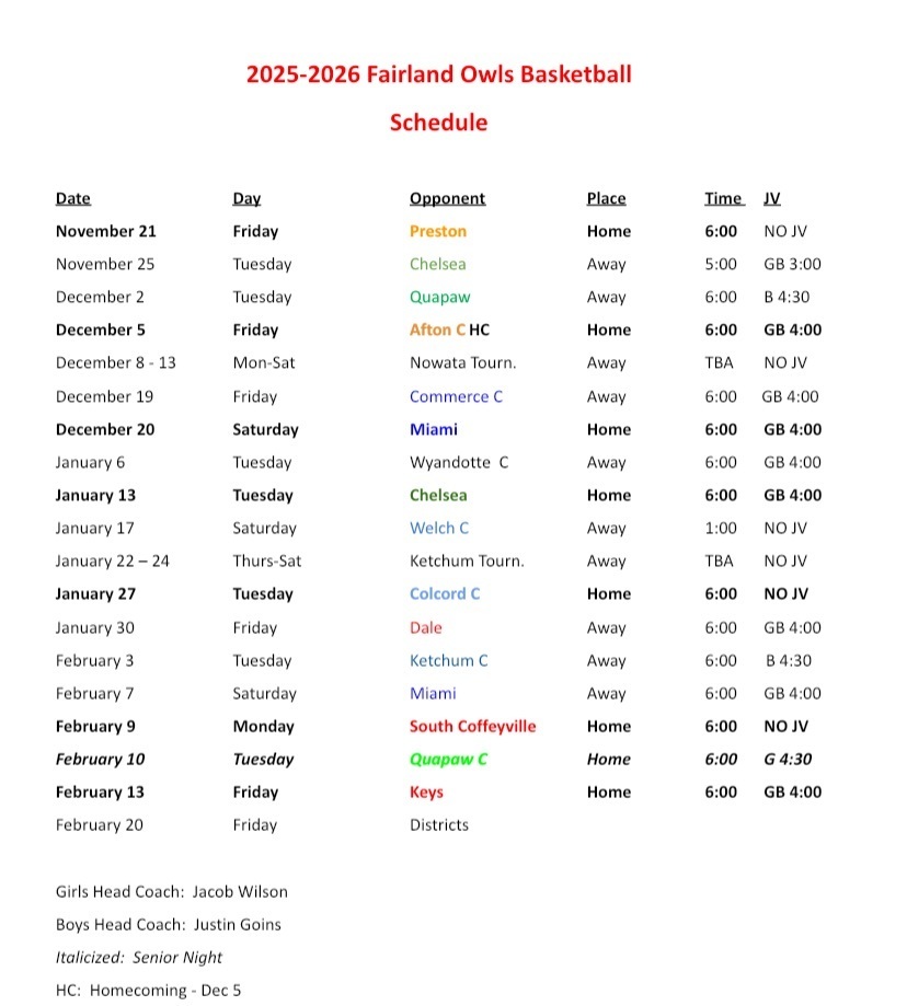 Updated HS Basketball Schedule