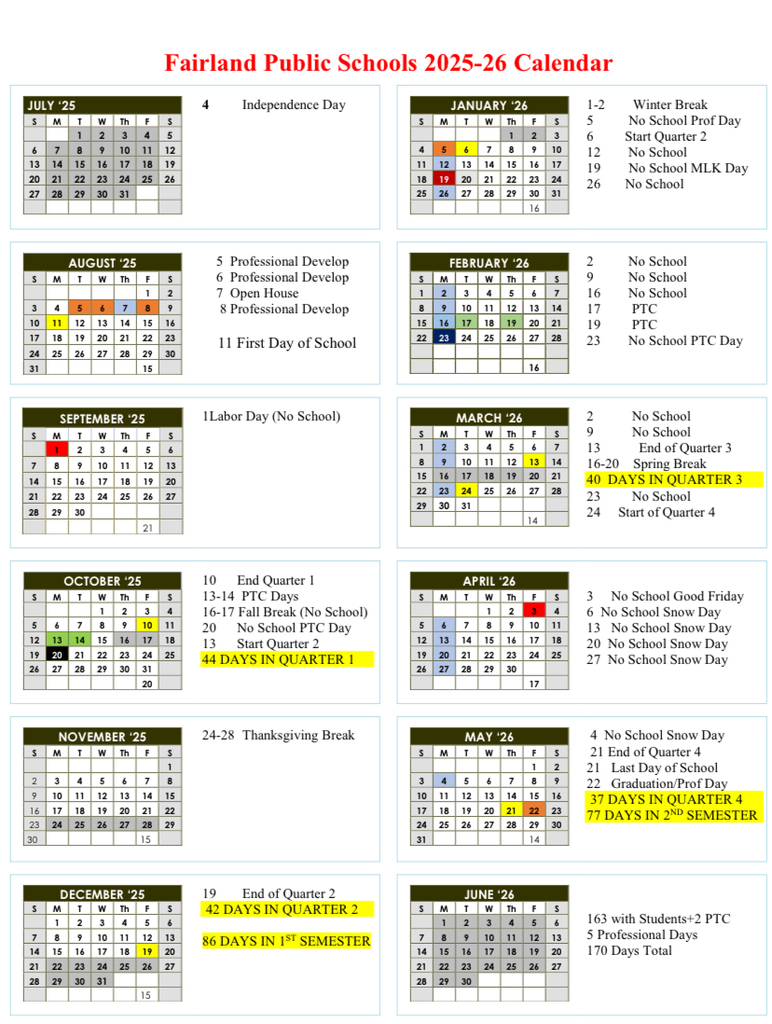 2025-2026 School Calendar