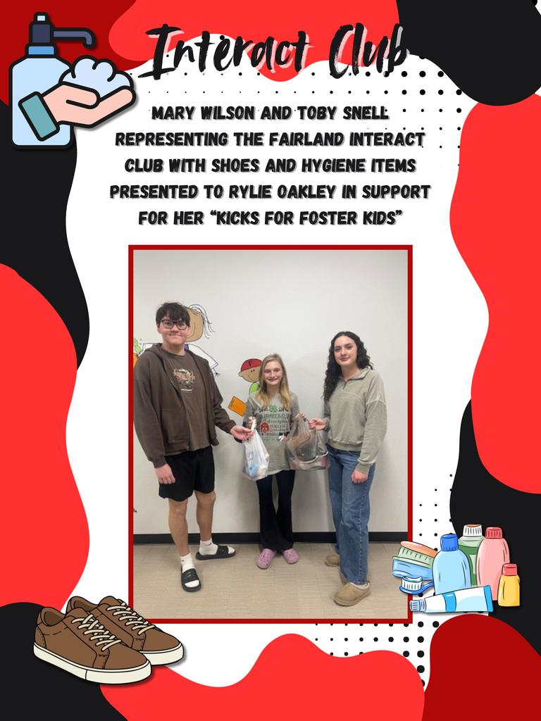 Mary Wilson and Toby Snell representing the Fairland Interact Club with shoes and hygiene items presented to Rylie Oakley in support for her “Kicks For Foster Kids”