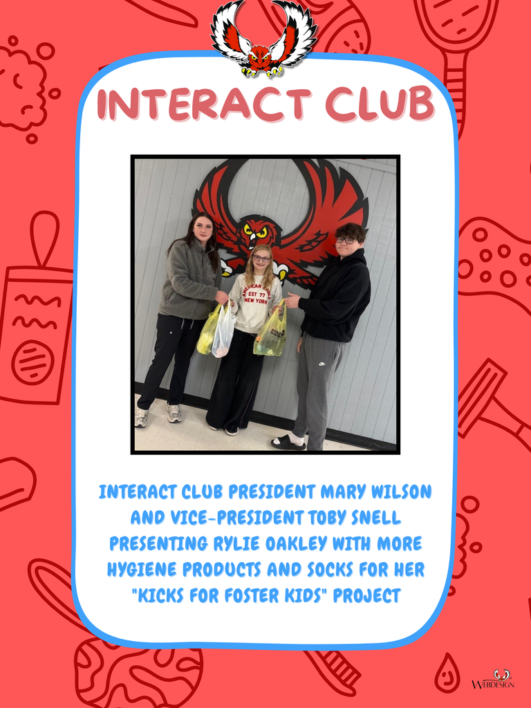  INTERACT CLUB President Mary Wilson and Vice-President Toby Snell presenting Rylie Oakley with more hygiene products and socks for her "Kicks for Foster Kids" project