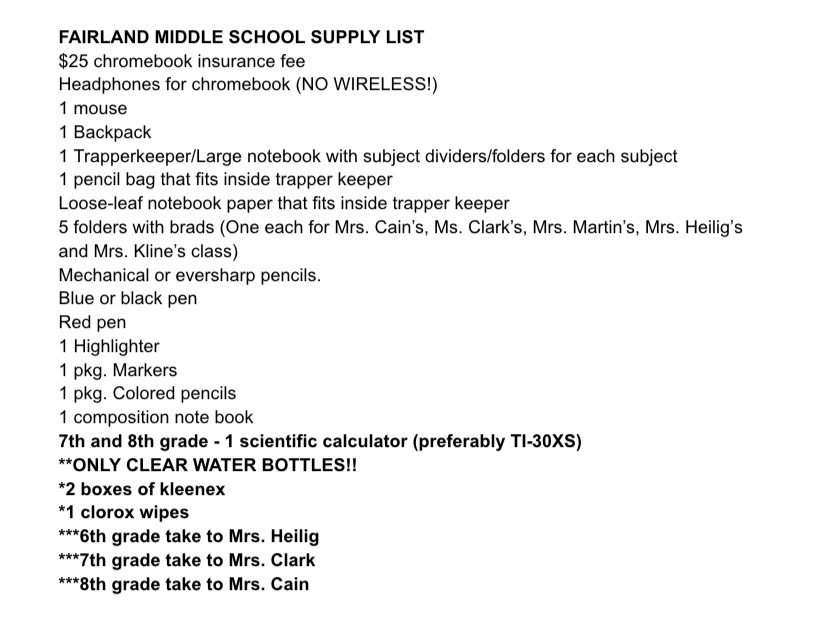 JOM MS/HS school supply list