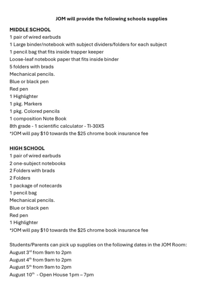 MS/HS school supply list