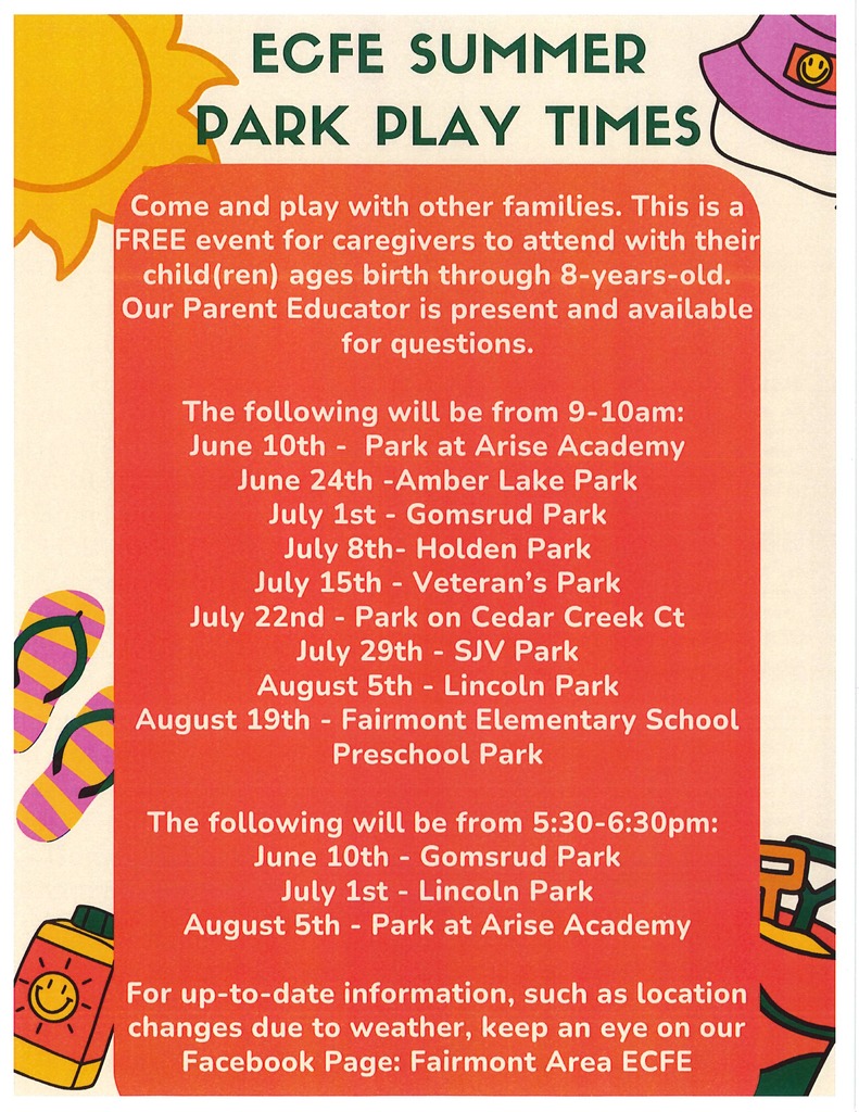 ECFE Park Play Times 2025 - Eng