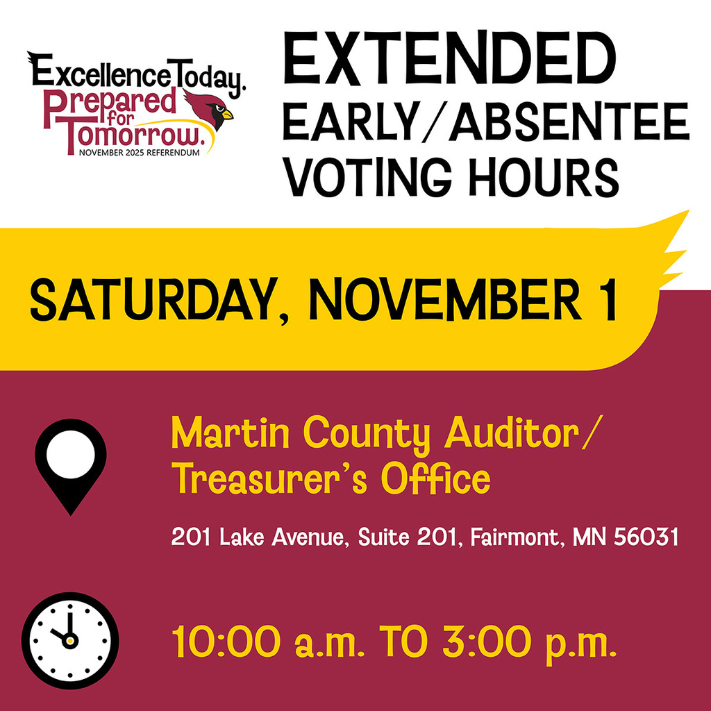Extended early/absentee voting hours today from 10:00 a.m. to 3:00 p.m. at the Martin County Auditor/Treasurer's office! 