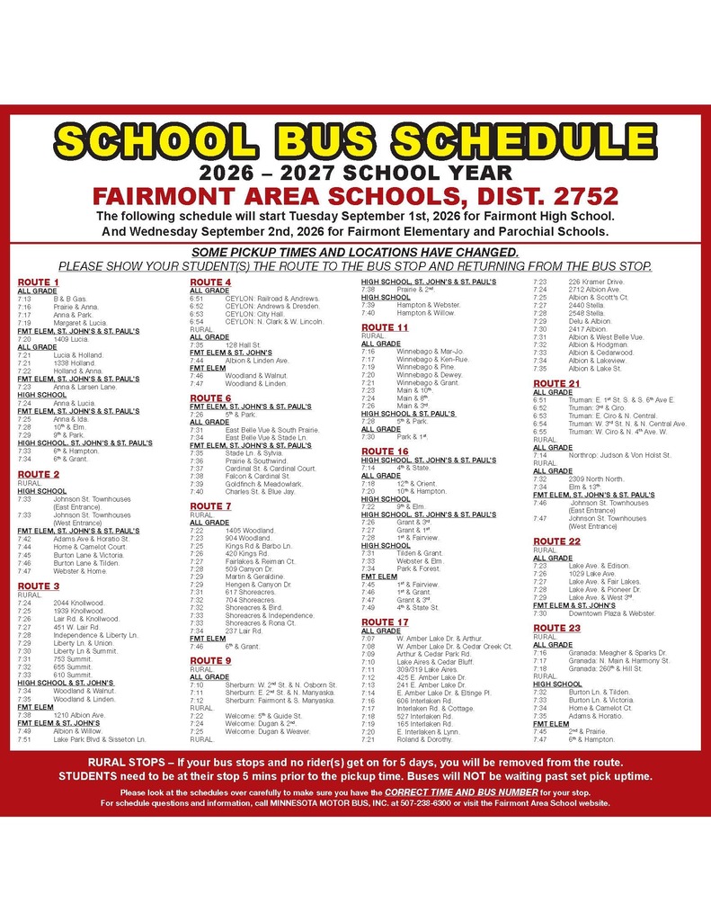 School Bus Schedule 2026-2027