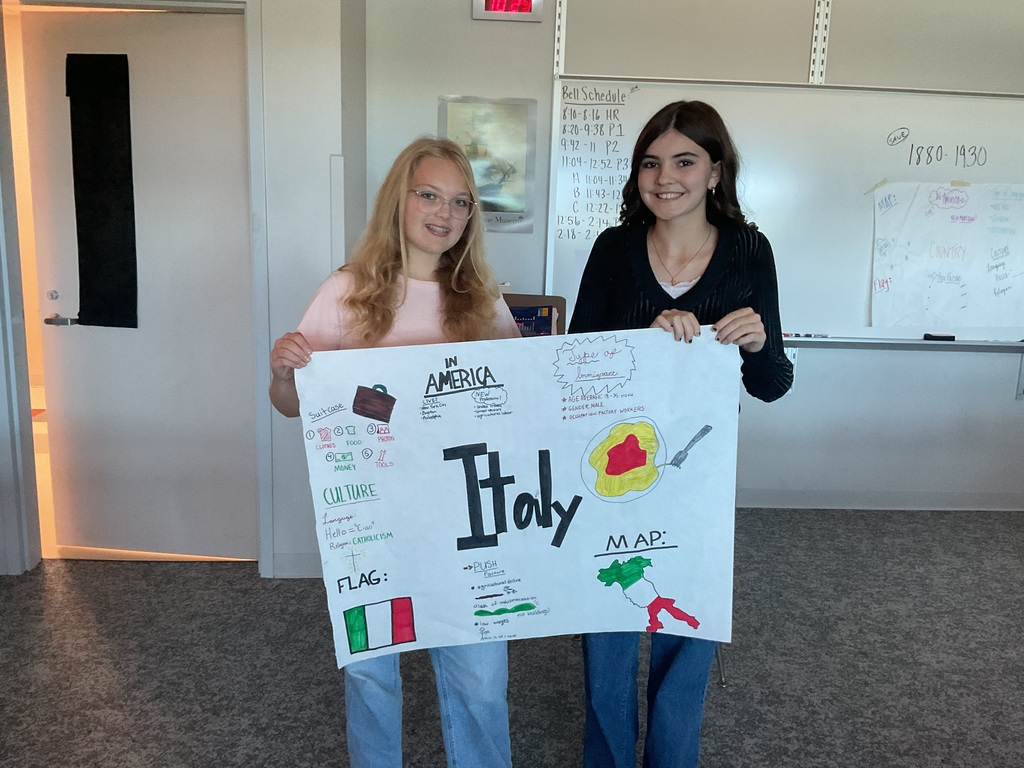 2 students holding a poster about Italy