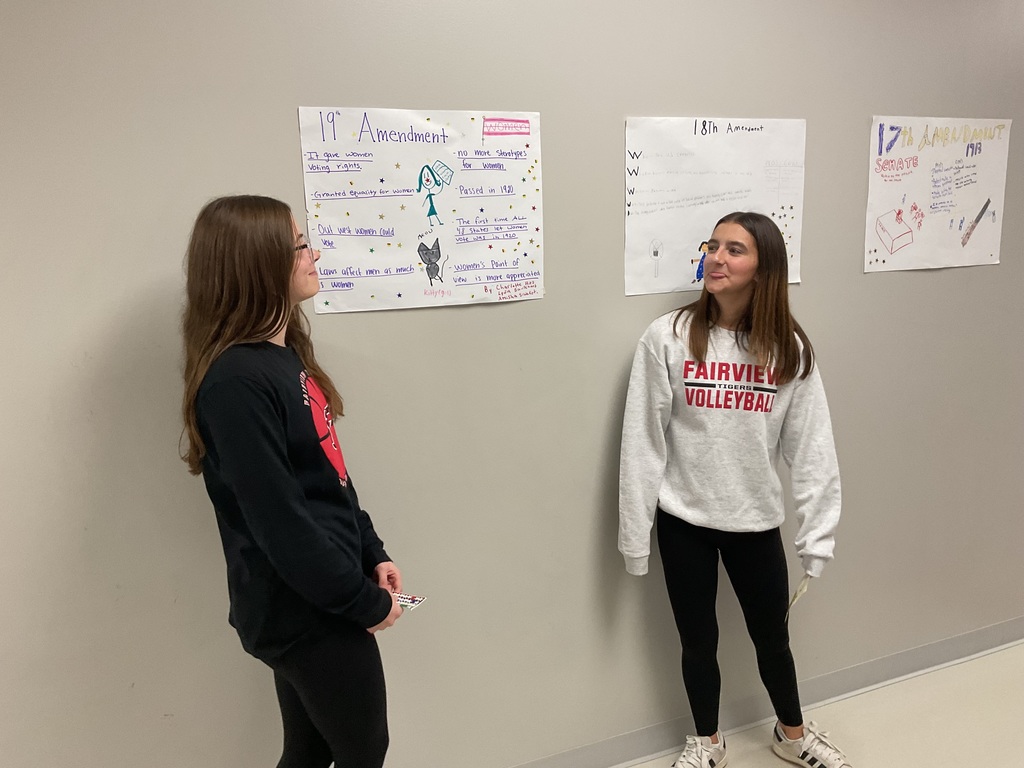 2 students looking at posters on a wall