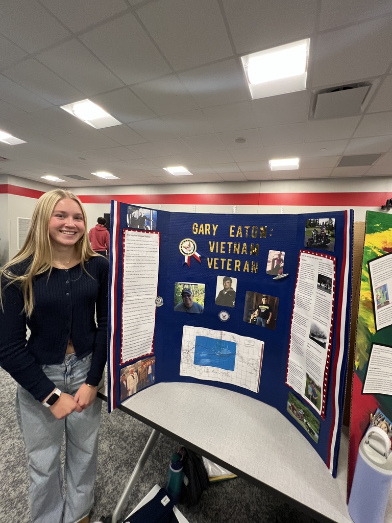 student in front of board of who they interviewed