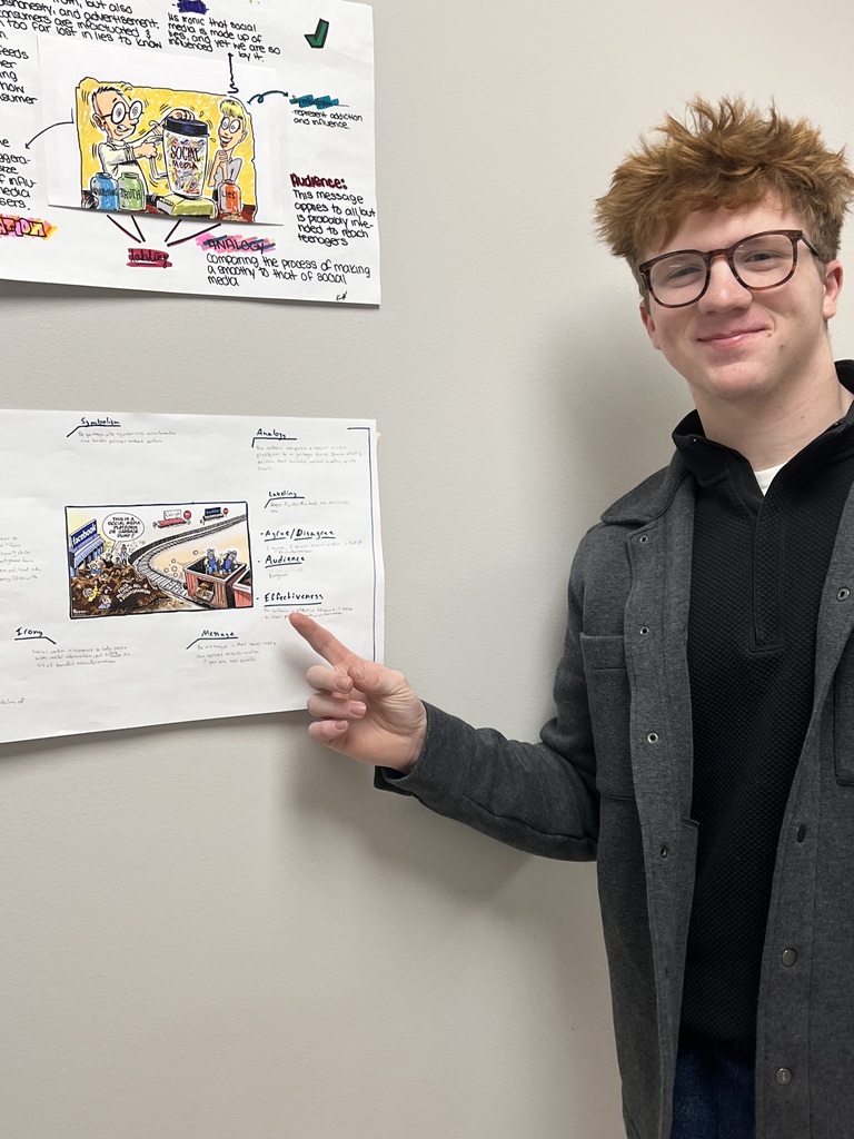 Current Events students recently finished their unit on political cartoons by analyzing cartoons focusing on social media. The students created posters to share their findings.