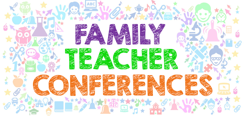 collage featuring education iconography surrounding the text Family Teacher Conferences