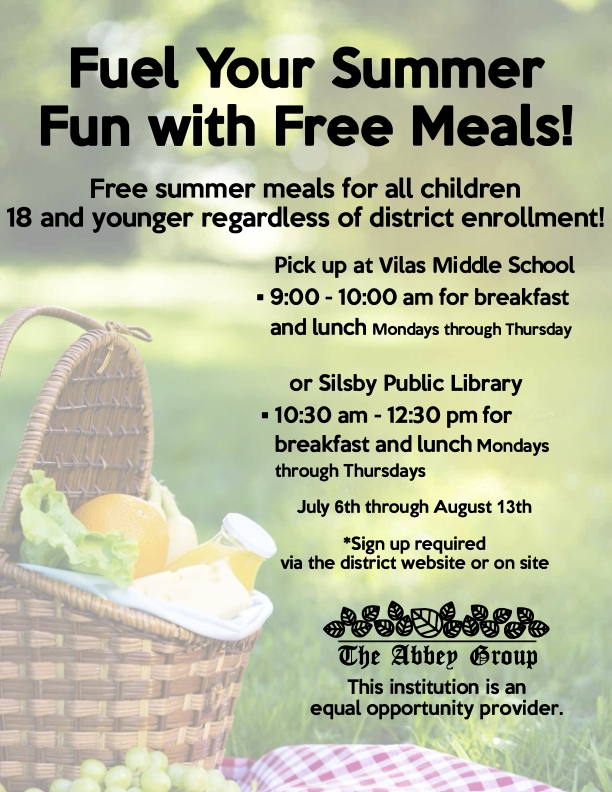 Breakfast and lunch meal pickup at Vilas and Silsby Public Library information