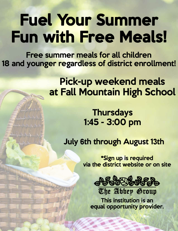 Summer Weekend Meal Pickup at FMRHS on Thursdays from 1:45 to 3:00 pm from July 6th through August 13th.