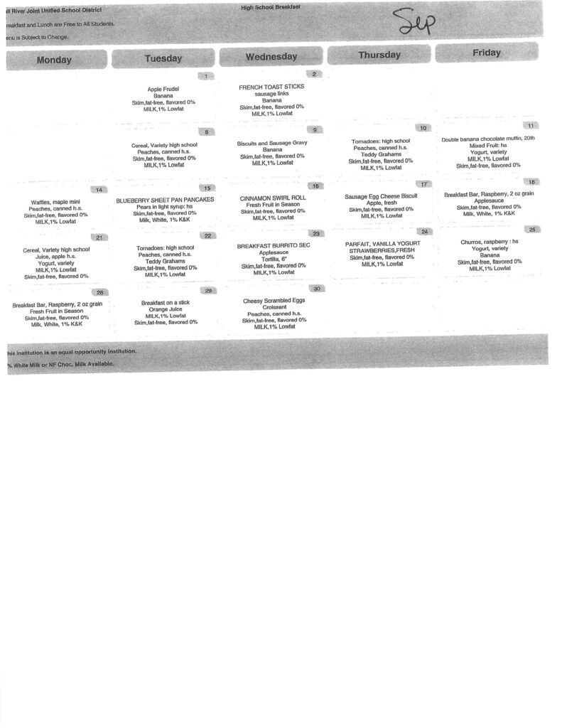 September Breakfast Menu