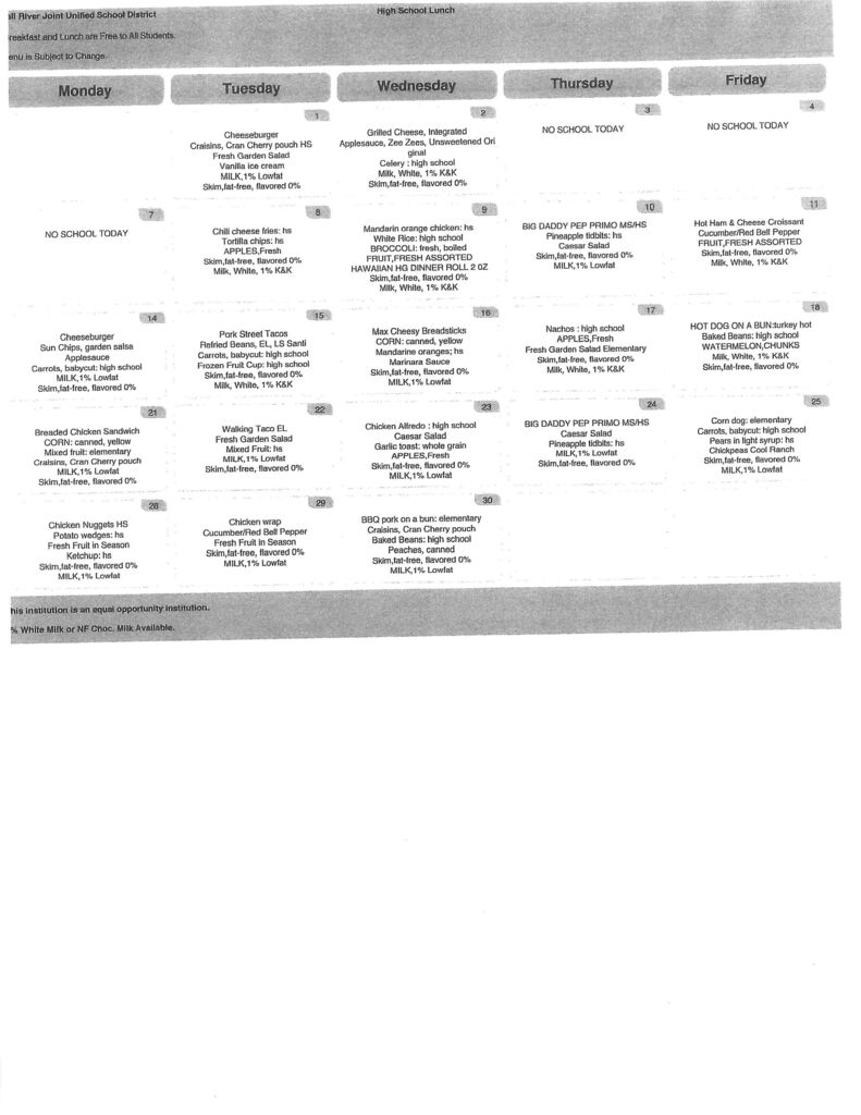 September Lunch Menu