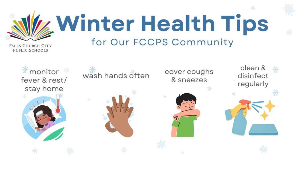 Winter Health Tips for Our School Community - wash hands, cover coughs, monitor fever, practice good wellness