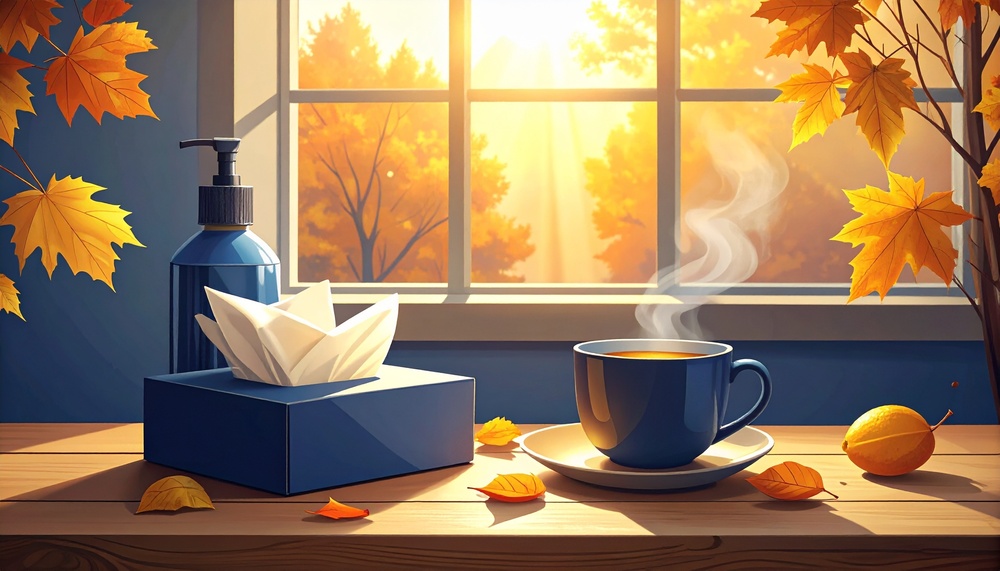 A cozy autumn still life on a wooden kitchen table by a sunny window: a box of tissues, a steaming mug of tea with lemon, a pump bottle of hand soap, and a few orange and gold fall leaves. 