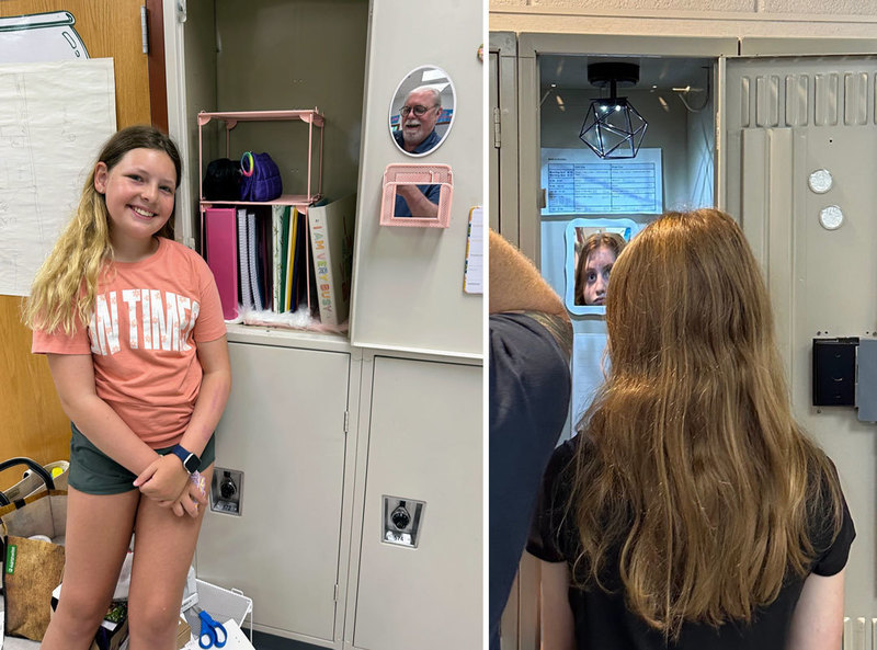 Two girls admiring their decorated lockers