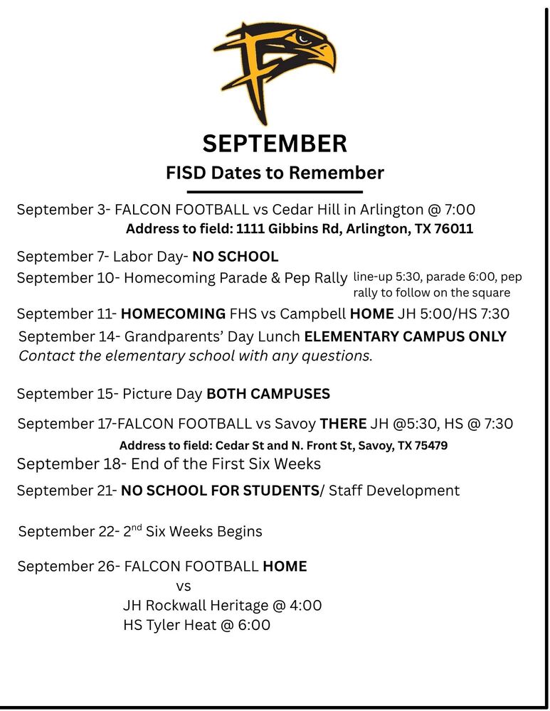 Sept. Dates to Remember