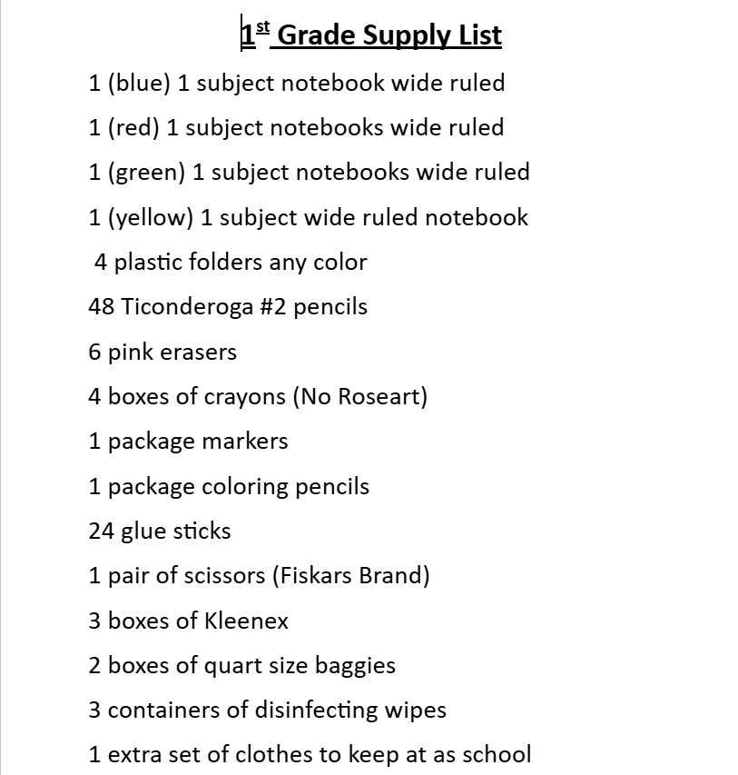 1st Grade Supply List