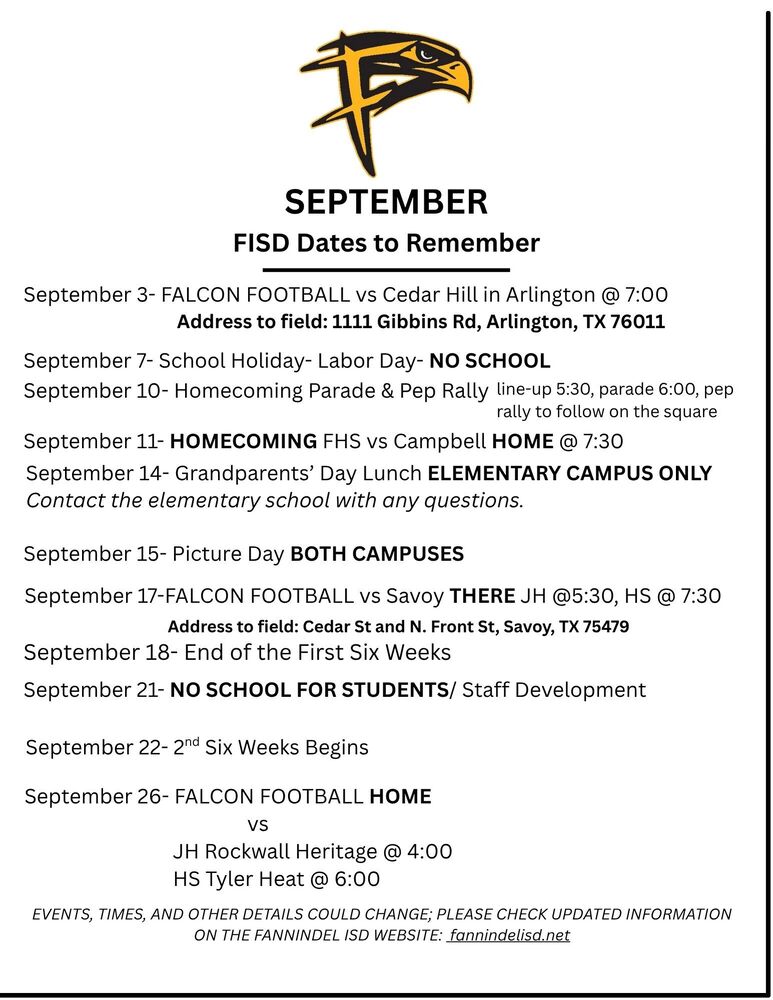 Sept. Dates to Remember