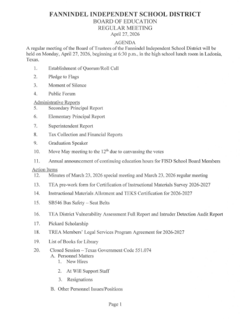 Board Agenda 4/27/2026