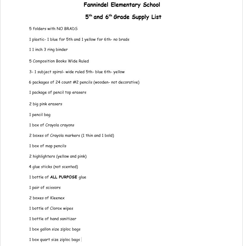 5th and 6th Grade Supply List